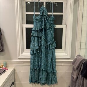 Cinq à Sept, blue and green ruffle maxi dress, size 14